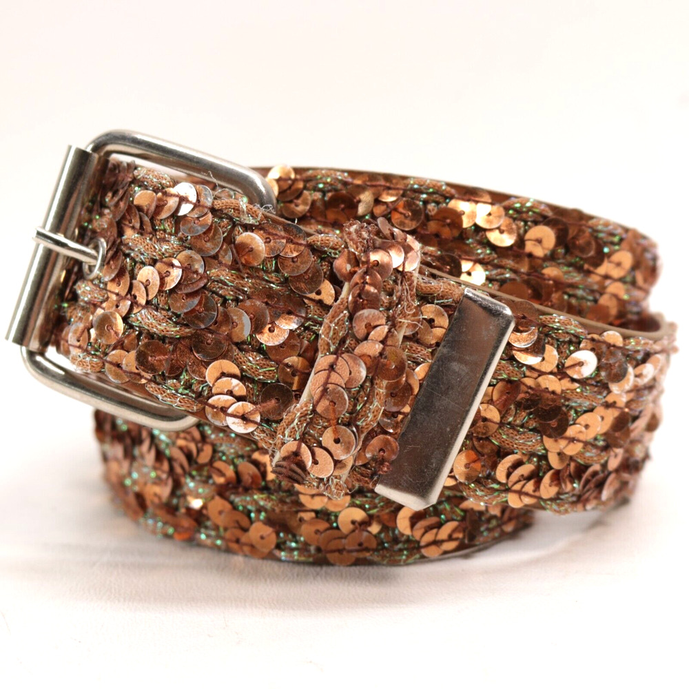 Party Dress Belt Women XL Amber Shiny Sequin Silver Tone Roll Bar Adj